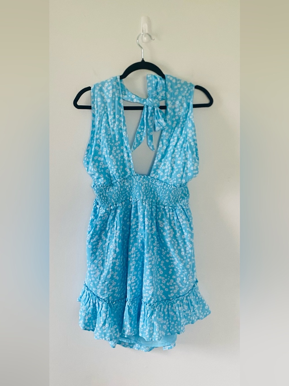 NWT Aerie Sky Blue Floral Halter Mini Dress Size Large Boho Summer 100% Cotton
